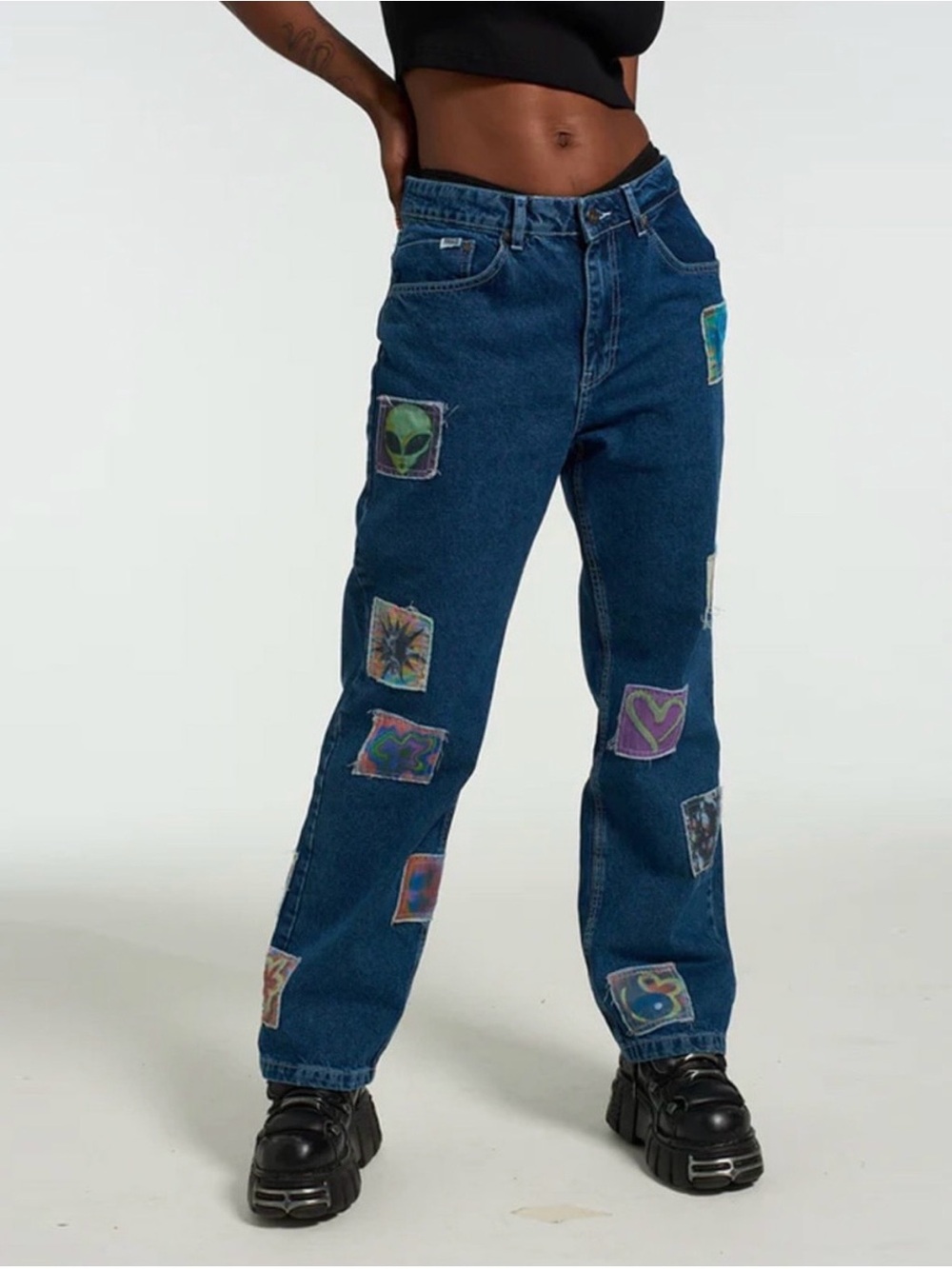The Ragged Priest Blue Patchwork Psychedelic Graphic Dad Jeans 30
